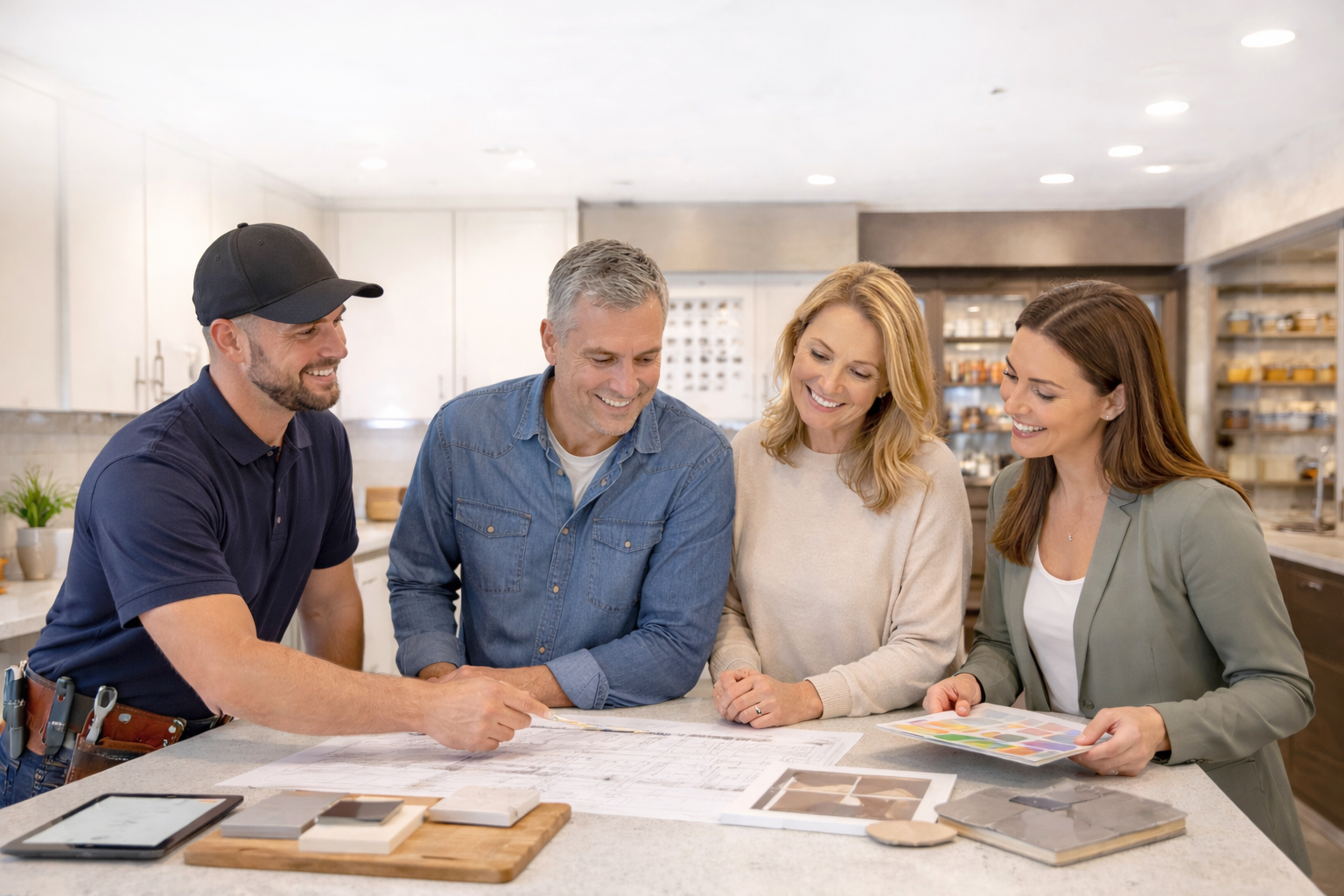 homeowners contractor and designer reviewing kitchen and bath plans in a showroom