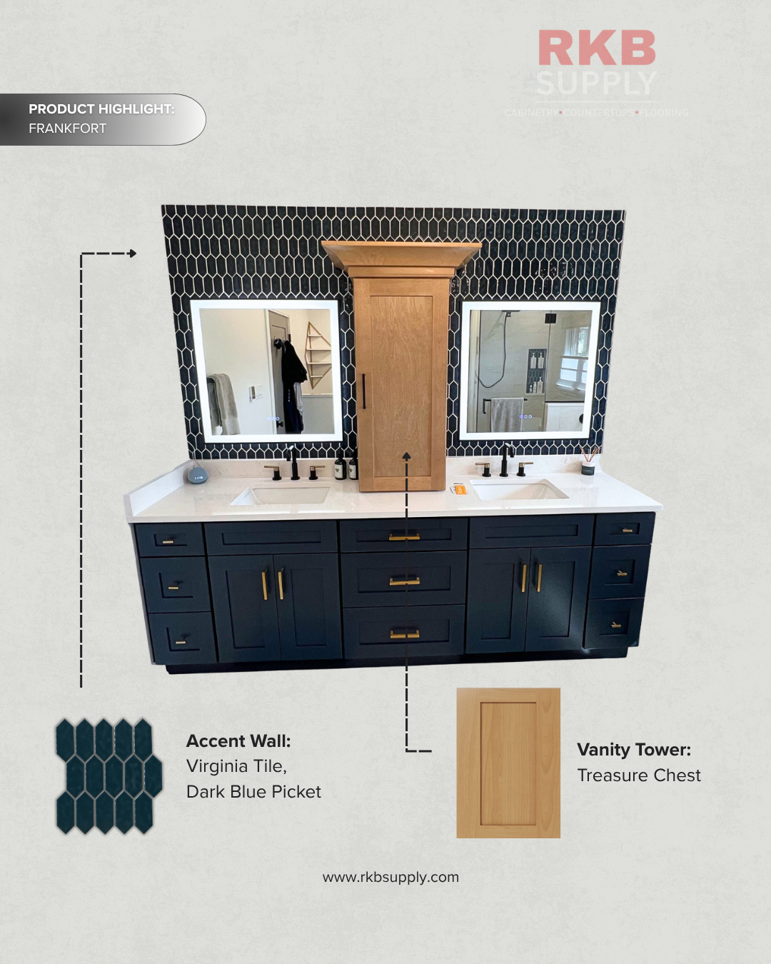 Bathroom featuring a custom double vanity with dark blue cabinetry, a natural wood vanity tower, and Virginia Tile Dark Blue Picket accent wall tile in a Frankfort, Illinois home.