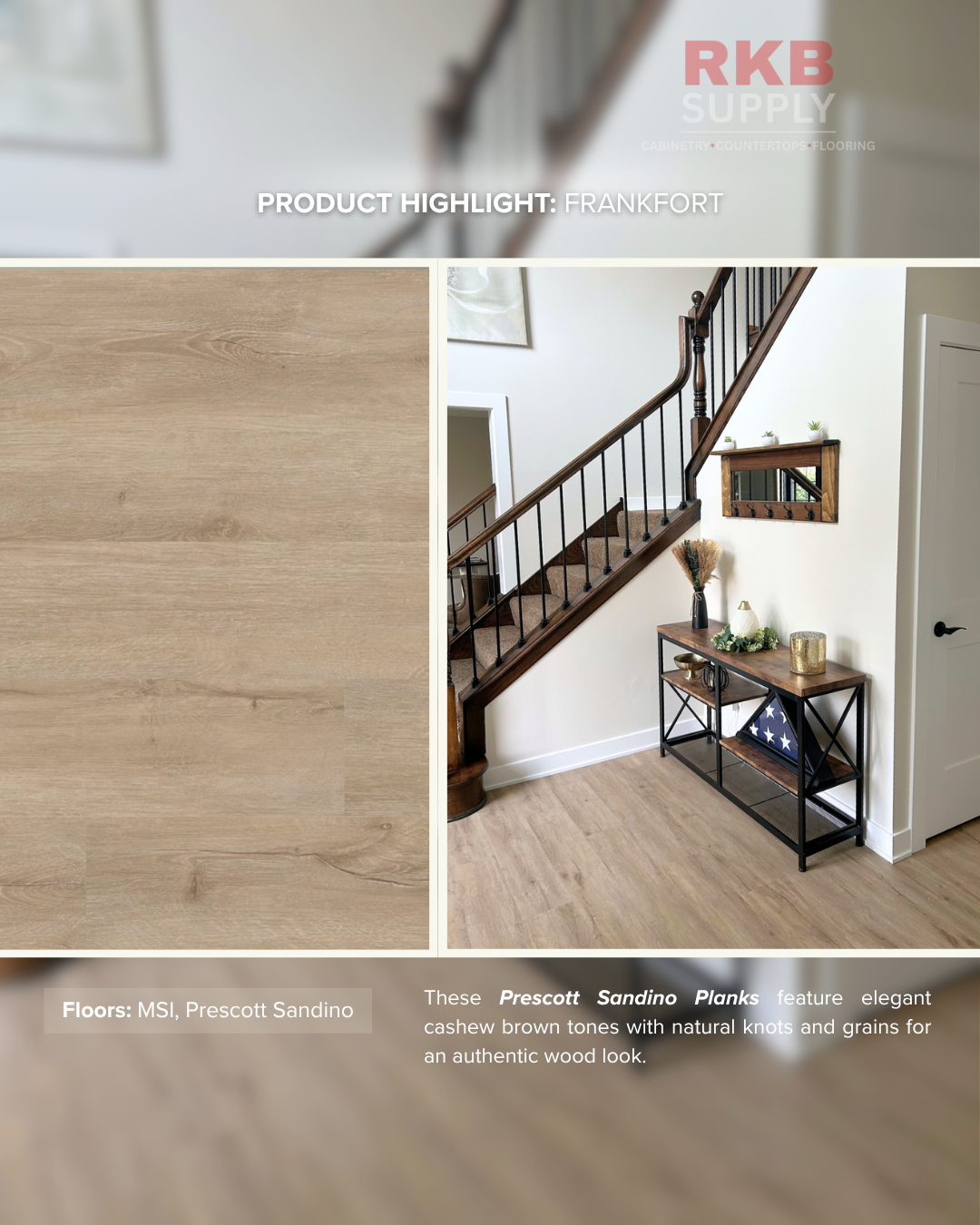 Entryway featuring MSI Prescott Sandino luxury vinyl plank flooring with warm natural wood tones, installed alongside a staircase in a Frankfort, Illinois home.