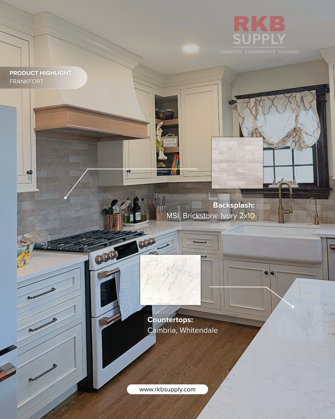 Kitchen featuring Cambria Whitendale quartz countertops, MSI Brickstone Ivory backsplash tile, cream cabinetry, a farmhouse sink, and a custom wood-accent range hood in a Frankfort, Illinois home.