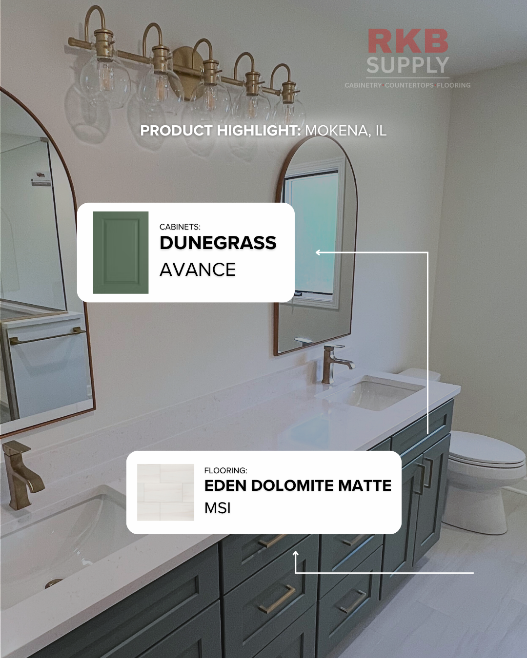 Bathroom featuring Dunegrass Avance cabinetry, a double vanity with quartz countertops, arched mirrors, brushed gold fixtures, and MSI Eden Dolomite Matte flooring in a Mokena, Illinois remodel.
