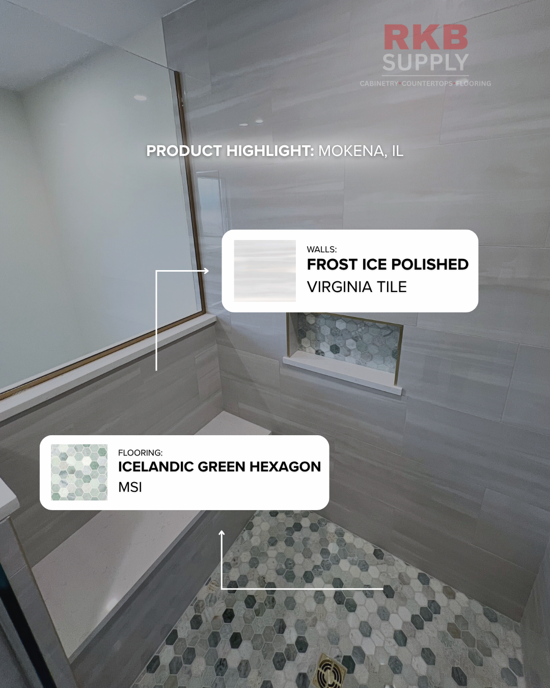 Walk-in shower featuring Virginia Tile Frost Ice Polished wall tile, MSI Icelandic Green Hexagon mosaic shower flooring, and a recessed niche in a Mokena, Illinois bathroom remodel.
