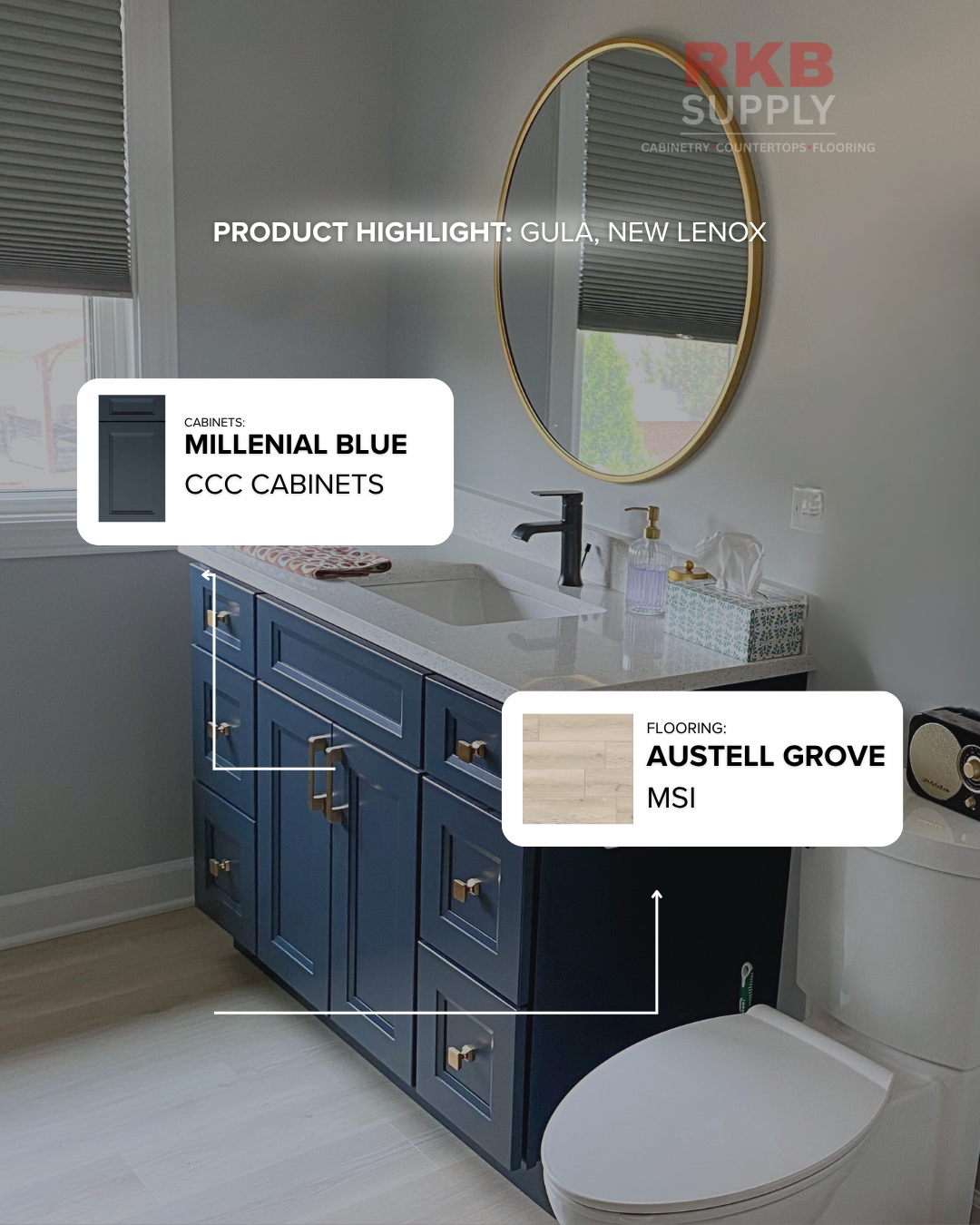Bathroom featuring CCC Cabinets Millenial Blue vanity cabinetry, quartz countertops, black faucet, gold-framed mirror, and MSI Austell Grove flooring in a New Lenox, Illinois home.