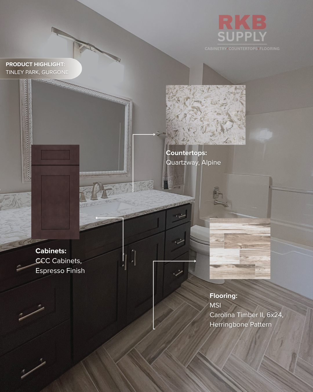 Bathroom featuring Quartzway Alpine countertops, CCC Cabinets in an espresso finish, and MSI Carolina Timber II herringbone flooring in a Tinley Park, Illinois home.