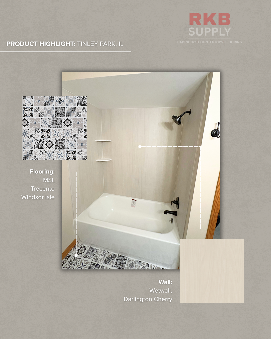 Tub and shower surround featuring Wetwall Darlington Cherry wall panels, MSI Trecento Windsor Isle patterned flooring, and matte black fixtures in a Tinley Park bathroom remodel.