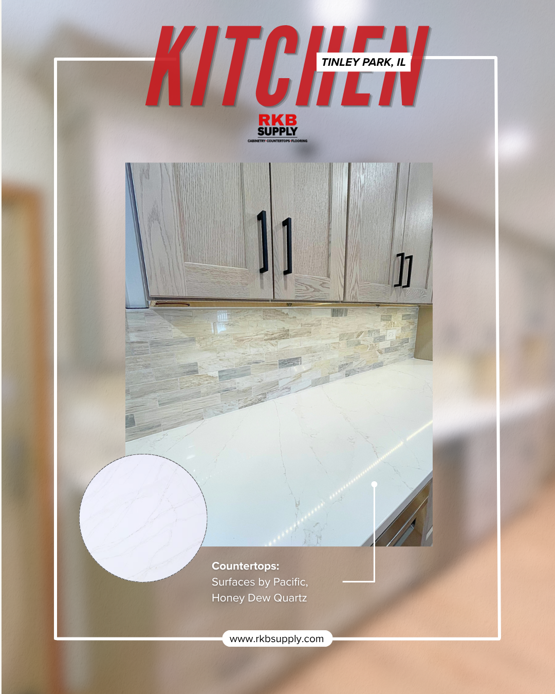 Surfaces by Pacific Honey Dew quartz countertops paired with JSI Essex Driftwood cabinetry and a neutral stone backsplash in a Tinley Park kitchen remodel.
