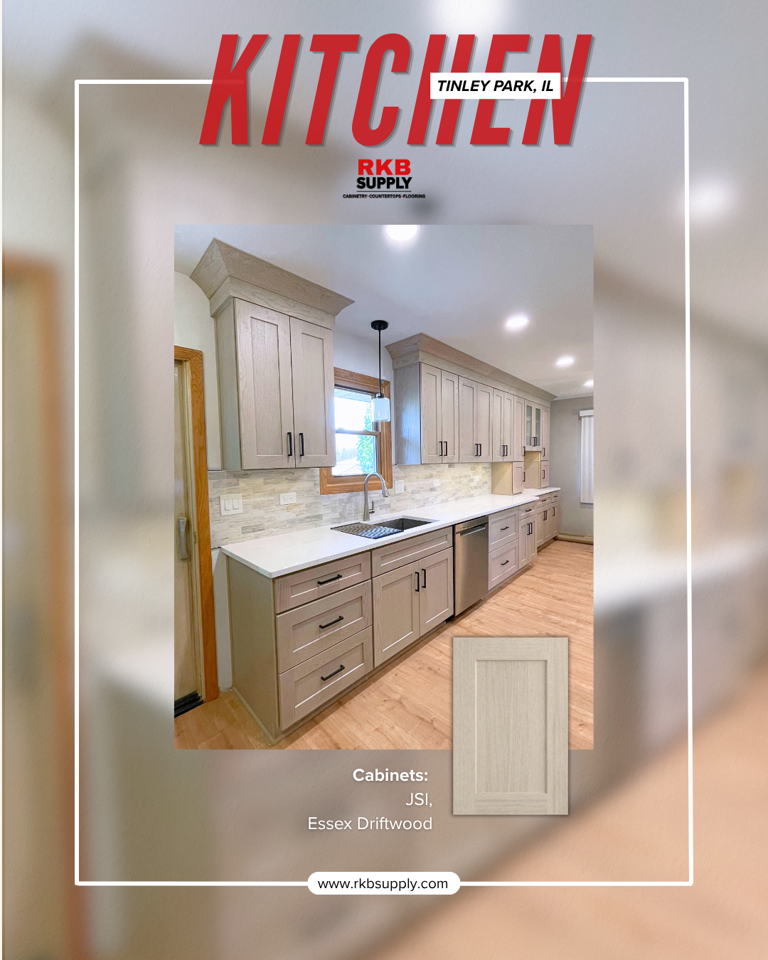 Kitchen featuring JSI Essex Driftwood cabinetry, quartz countertops, black hardware, stainless steel appliances, and a neutral stone backsplash in a Tinley Park, Illinois home.