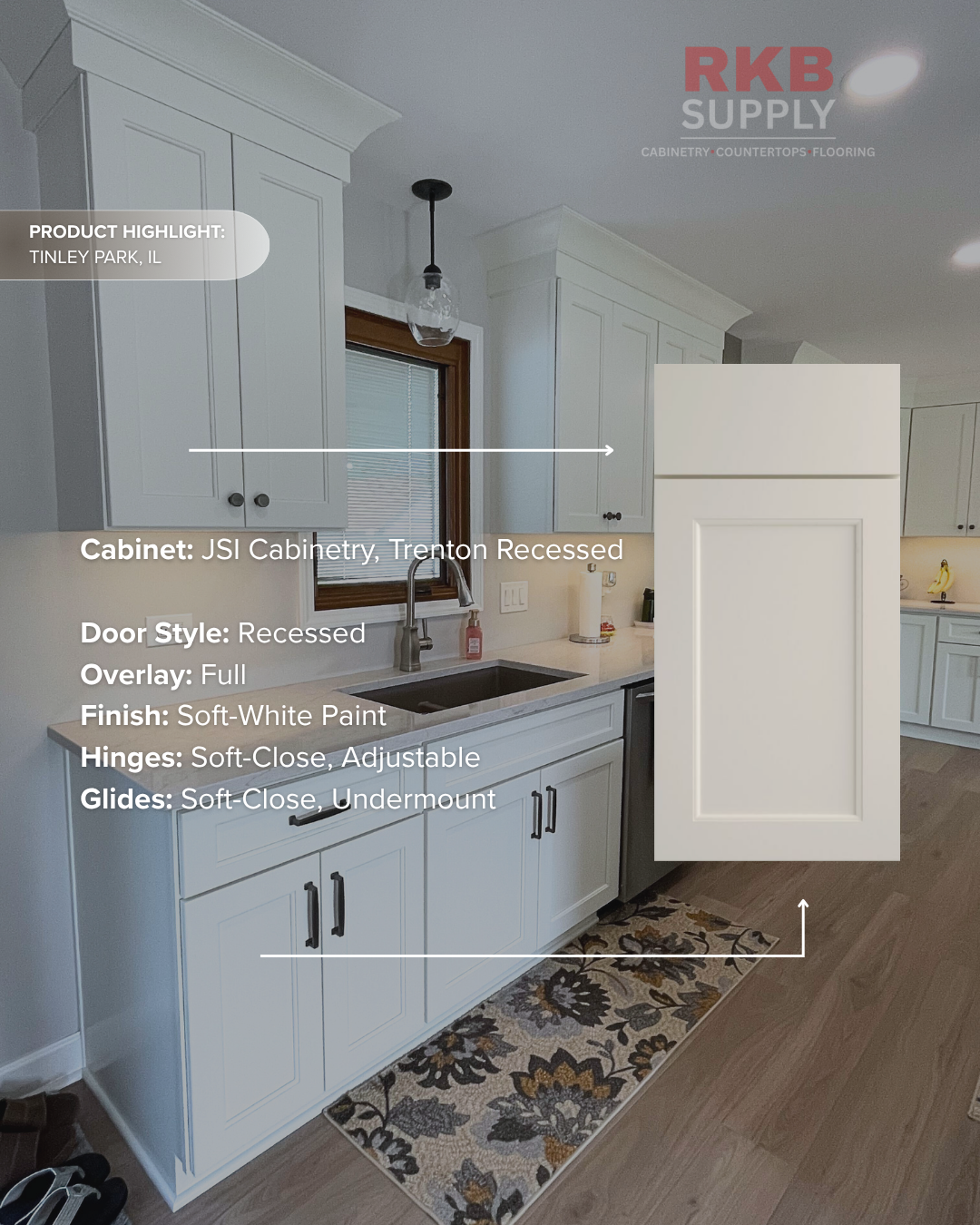 Kitchen featuring JSI Cabinetry Trenton recessed soft-white cabinets with quartz countertops, black hardware, and wood-look flooring in a Tinley Park home remodel.