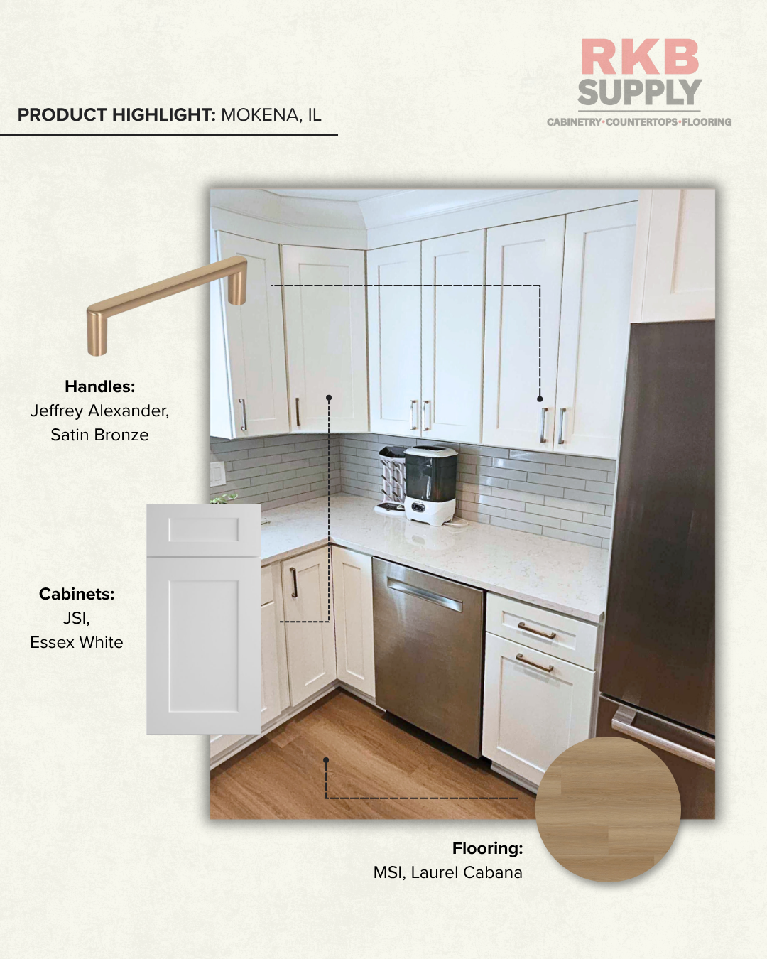 Kitchen featuring JSI Essex White cabinets, Virginia Tile Soho Gallery Grey backsplash, Jeffrey Alexander Satin Bronze hardware, and MSI Laurel Cabana flooring in Mokena, IL.