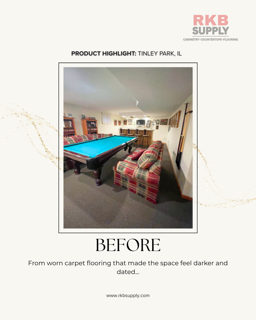 Basement before flooring renovation featuring worn carpet flooring in Tinley Park, IL.