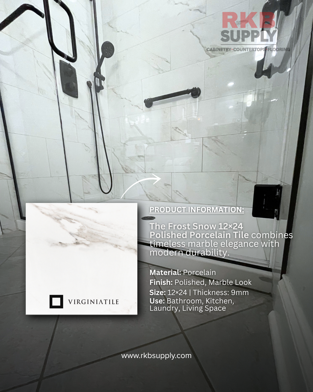 Walk-in shower featuring Virginia Tile Frost Snow 12x24 polished porcelain tile with matte black shower fixtures in Tinley Park, IL.