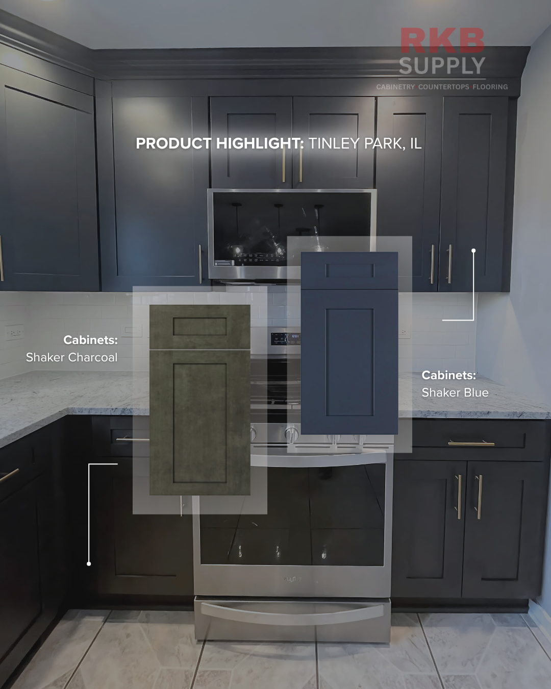 Shaker Charcoal and Shaker Blue kitchen cabinets installed in a modern Tinley Park kitchen.